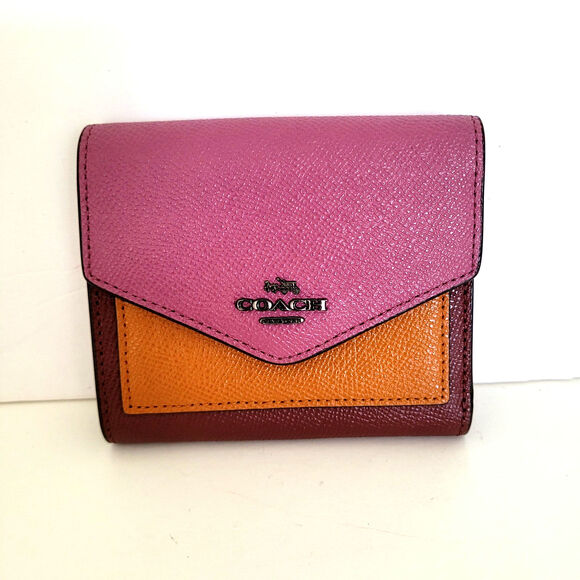 Coach Wallet Leather Color Block Small Trifold Card Bill Holder Compact Purse - Picture 1 of 10